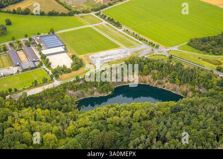 Aus der Vogelperspektive, Warsteiner International Montgolfiade - Startgebiet und Lindenberg Sport Horses Boarding, Teich im Wald, Warstein, Sauerland Stockfoto