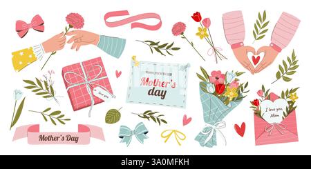 Isoliertes, handgezeichnetes Clipart-Bündel. Muttertag. Stock Vektor