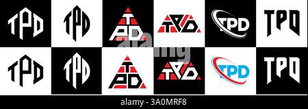 TPD-Letter-Logodesign im 6er-Stil. TPD-Polygon, Kreis, Dreieck, Sechskant, flach und einfach mit schwarz-weißem Schriftzug Stock Vektor