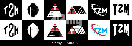 TZM-Letter-Logodesign im Six-Stil. TZM Polygon, Kreis, Dreieck, Sechseck, flach und schlicht mit schwarz-weißem Schriftzug Stock Vektor