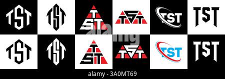 TST-Letter-Logo im 6-Stil. TST Polygon, Kreis, Dreieck, Sechskant, flach und einfach mit schwarz-weißem Buchstaben-Logo in verschiedenen Farben Stock Vektor