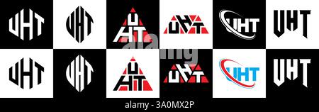 UHT-Letter-Logo im 6-Stil. UHT-Polygon, Kreis, Dreieck, Sechseck, flach und schlicht mit schwarz-weißem Schriftzug Stock Vektor