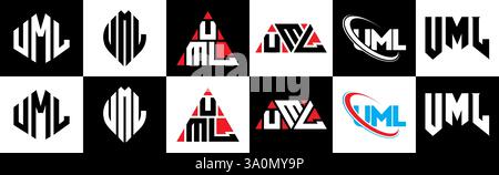 UML-Letter-Logo im 6-Stil. UML-Polygon, Kreis, Dreieck, Sechseck, flach und schlicht mit schwarz-weißem Schriftzug Stock Vektor