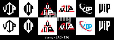 VIP-Letter-Logo im 6er-Stil. VIP-Polygon, Kreis, Dreieck, Sechseck, flacher und einfacher Stil mit schwarz-weißem Buchstaben-Logo in verschiedenen Farben Stock Vektor