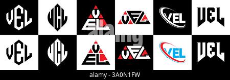 VEL Letter-Logo im 6-Stil. VEL Polygon, Kreis, Dreieck, Sechseck, flach und schlicht mit schwarz-weißem Buchstaben-Logo in verschiedenen Farben Stock Vektor