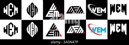 Mit dem Letter-Logo im 6er-Stil. Wem Polygon, Kreis, Dreieck, Sechseck, flacher und einfacher Stil mit schwarz-weißem Buchstaben-Logo in verschiedenen Farben Stock Vektor