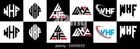 WHF Letter Logo im 6er-Stil. WHF-Polygon, Kreis, Dreieck, Sechskant, flach und schlicht mit schwarz-weißem Schriftzug Stock Vektor