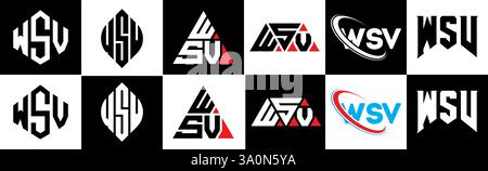 WSV Letter-Logo im 6er-Stil. WSV Polygon, Kreis, Dreieck, Sechseck, flacher und einfacher Stil mit schwarz-weißem Buchstaben-Logo in Variation Stock Vektor