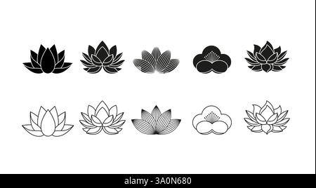 Lotus Blumen schwarz-weiß Kollektion. Minimalistische einfache Illustrationen, Symbole und Logos. Stock Vektor