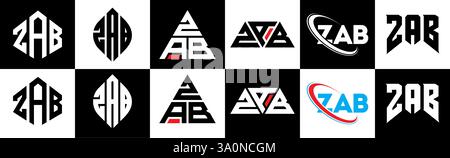 ZAB Letter-Logo im 6er-Stil. ZAB Polygon, Kreis, Dreieck, Sechseck, flacher und einfacher Stil mit schwarz-weißem Schriftzug Stock Vektor
