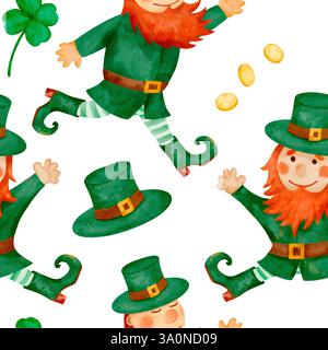 Ein verspieltes Muster mit Leprechauns, Münzen und Schamrock, perfekt für die Feierlichkeiten zum St. Patricks Day. Nahtloses Aquarellmuster für den Druck auf Stoff und Papier. Stockfoto