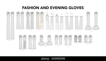 Set von Handschuhen - Mode und Abend mit Namen Hand Accessoire Kleidung technische Illustration Kleidung. Vektor für Männer, Frauen, Unisex flache Vorlage CAD-Zeichentrickstil isoliert auf weißem Hintergrund Stock Vektor