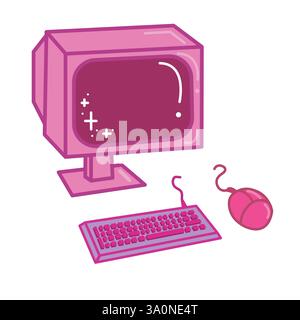 Rosafarbener Retro-Monitor, Computermaus und Tastatur. Computer-Symbol. Vektorillustration isoliert auf weißem Hintergrund. Stock Vektor