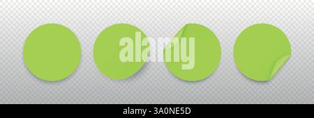 Grüner Runder Aufkleber Vektorsatz. Runde Aufkleber mit Schatten. Gewellte Eckaufkleber, Gerade Runde Aufkleber, Leicht Gewellte Aufkleber. Design Stock Vektor
