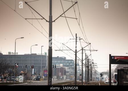 BELGRAD, SERBIEN - 12. OKTOBER 2024: Straßenbahngleise führen durch Novi Beograd in Belgrad, Serbien, umrahmt von Freileitungen. Auch beogradski tr genannt Stockfoto