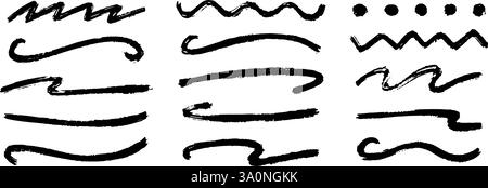 Gerade, Zick-Zack- und wellige Farblinie. Sammlung von Pinselstrichen mit dicken Skizzen. Raue, karierte Streifen aus Holzkohle sorgen für Akzente, Unterstreichungen und Betonungen. Vektor Hand gezeichnete strukturierte Kreide Linien Stock Vektor
