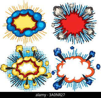 Set aus lebendigen, explosionsartigen Sprechblasen im Comic-Stil mit dynamischen Effekten Stock Vektor