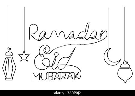 Einzeilige Vektor-Illustration von islamischen Lampen, Sternen, Mond und Eid Mubarak, das bedeutet gesegnetes fest Stock Vektor