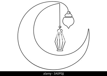 Einzeilige Vektor-Illustration von islamischen Lampen, Sternen, Mond und Eid Mubarak, das bedeutet gesegnetes fest Stock Vektor