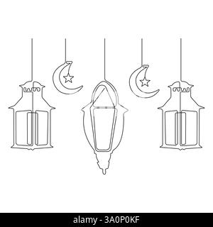 Ramadan Kareem durchgehende einzeilige Kunst mit islamischer Dekoration mit Laterne Stern und Mond im Stil religiöser Feiertage Stock Vektor