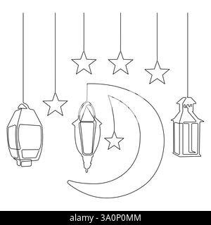 Ramadan Kareem durchgehende einzeilige Kunst mit islamischer Dekoration mit Laterne Stern und Mond im Stil religiöser Feiertage Stock Vektor
