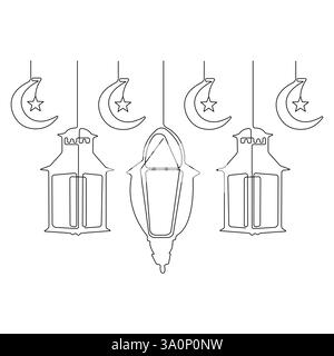 Ramadan Kareem durchgehende einzeilige Kunst mit islamischer Dekoration mit Laterne Stern und Mond im Stil religiöser Feiertage Stock Vektor