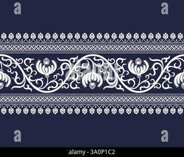 Weißer Zick-Zack-Streifen mit Blumenspitze auf blauem Denim-Hintergrund für Dekorationen, Stoffdrucke, Tischläufer und Orhter-Prints Stock Vektor