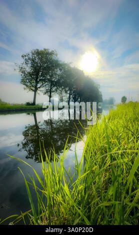 Diese ruhige Landschaft bietet üppige Bäume, ein ruhiges Wasser und ein lebhaftes Grün unter einem sonnigen Himmel Stockfoto