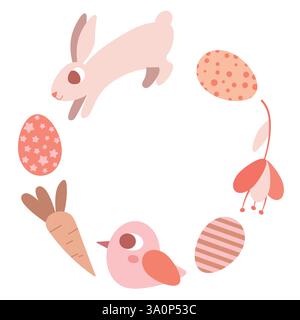 Festlicher Rahmen im Osterdesign mit Kaninchen, Eiern, Vogel, Karotte und Blumen. Stock Vektor