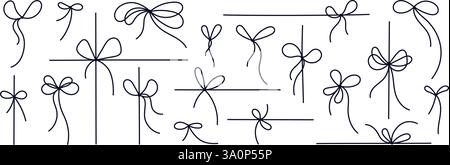 Schnur Schleifen Geschenkband für Seile, Kordeln für Geschenkbox, einfaches Geschenk. Handgezeichnete dünne Schleife. Vektorschwarze Illustraten Stock Vektor