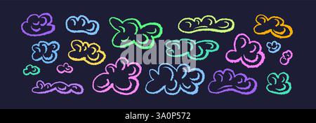 Weiche, flauschige Wolke. Handgezeichnete Wachsmalstifte Farbkunst auf schwarzem Hintergrund. Pastell-Textur. Blasenform isoliert. Kreide-Vektor-Sammlung. Kommunikation Stock Vektor