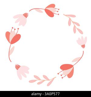Zarter Blumenkranz mit stilvollen rosa und roten Blüten und Blättern Stock Vektor
