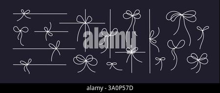 Schleifenlinie Kollektion für Seile, Kordeln für Geschenkbox gebunden, einfaches Geschenk. Handgezeichneter dünner Vektorstrich. Weißes, dünnes Umrissset für das Weihnachtsdesign. Kunst Stock Vektor