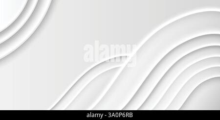 Neumorphismus-Hintergrund mit eleganten geschwungenen weißen Schichten. Minimalistisches Wellenmuster auf heller Oberfläche mit weichen Schatten. Sauberes monochromatisches Design für moderne benutzeroberfläche, Website-Header oder Präsentationsvorlagen. Stock Vektor