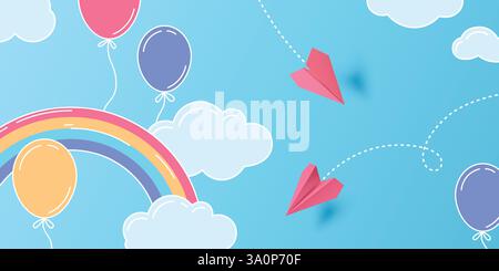 3D-Papierflugzeuge fliegen durch gezeichnete Wolken, Regenbogen und Ballons auf blauem Himmel Hintergrund. Vektorillustration von Origami-Flugzeugen in kindlicher Zeichnung. Minimalistisches Design für Reisen oder Kinderfeiern. Stock Vektor