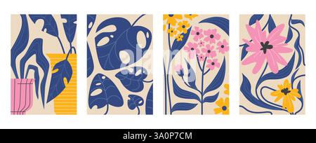 Trendiges botanisches Doodle-Set mit minimalistischen marineblauen Blättern und rosa-gelben Blumen auf beigefarbenem Hintergrund. Banner mit Monsterapflanzen und geometrischen Kompositionen für Wanddekoration oder Stoffmuster. Stock Vektor