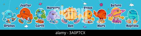 Grooviges Universum-Cartoon-Sonnensystem. Niedliche kosmische Charaktere mit ausdrucksstarken Gesichtern, Armen und Beinen in farbenfrohen Sneakers. Freundliche Himmelskörper mit Namen für pädagogisches Design, Einrichtung im Kinderzimmer Stock Vektor