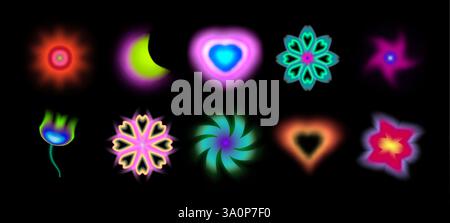 Neon y2k-Formen mit Unschärfeeffekt auf dunklem Hintergrund – leuchtende Blumen und Sterne, Herzen und Mondsichel. Leuchtende Symbole in leuchtenden Farben für Retro-nostalgische digitale Kunst der 2000er Jahre. Stock Vektor