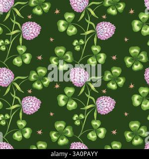 Nahtloses Aquarellmuster mit Kleeblättern, rosa Blumen und goldenen Sternen auf tiefgrünem Hintergrund. Perfekt für St. Patricks Day, Textilien Stockfoto
