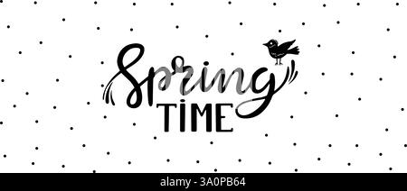 Schwarzer Hintergrund mit Frühlingsbeschriftung. Doodle Bird and Dots, handgeschriebener saisonaler Satz. Abstrakte Vektorvorlage für Einladung, Poster oder Werbebanner Stock Vektor