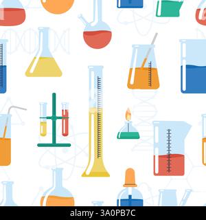 Nahtloses Muster für Chemie-Werkzeuge. Laborgeräte, Glasröhrchen und Messbecher. Medizinische, physikalische, pharmazeutische Forschung. Laborvektor Stock Vektor
