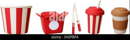 Lebensmittel verpackt Elemente. Street Fast Food Boxen, asiatische Essensbox mit Sticks und Tassen zum Mitnehmen 3D Objekte. Isolierter, realistisch gestreifter Eimer, Vektorsatz Stock Vektor
