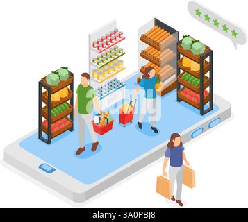 Einkaufskonzept für mobile Lebensmittelgeschäfte. Regale mit Lebensmitteln und Käufern auf dem Smartphone-Bildschirm. Online-Shop und Lieferung, Frau mit Taschen, Vektorszene Stock Vektor