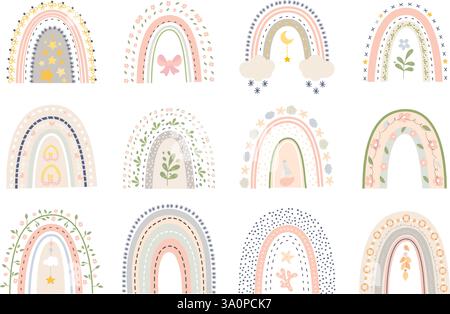 Regenbogenstil im Boho-Stil. Kritzelnde Regenbogen-Dekorationselemente mit Wolken, Bogen, Mond und Sternen. Neugeborene Kinderkrippe Aufkleber, Scrapbook heutzutage Vektor Clipart Stock Vektor
