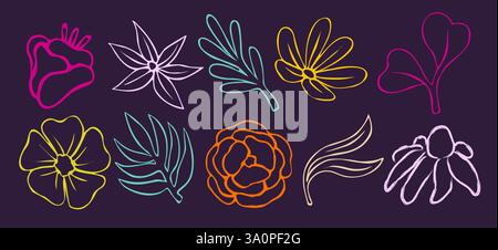 Ein Satz farbenfroher Blumen, die auf stilisierte Weise gezeichnet wurden Stock Vektor