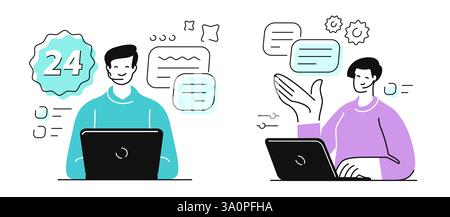 Technischer Online-Support, Unterstützung. Callcenter-Hotline-Hotline-Betreiber für Kundensupport mit Headset Stock Vektor