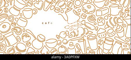 Kaffee, Tee, Kakaogetränk. Linienvektorprobe für Menü, Bäckerei und Café. Französische Presse, heiße Aromabecher, Milchkrug, rohe Bohnen zum Frühstück, Mittagessen, des Stock Vektor