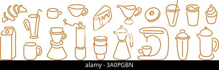 Sammlung von Kaffee, Tee, Kakaogetränken. Linienvektor Minimalzeichen für Menü, Bäckerei und Café. Französische Presse, heiße Aromabecher, Milchkrug zum Frühstück, Mittagessen Stock Vektor