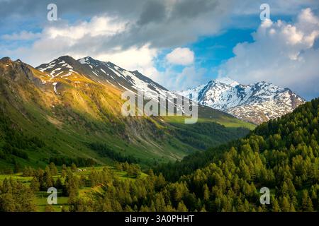 Blick auf die grünen Bäume, das Alpental und den Bergrücken mit schneebedecktem Gipfel unter schönem Himmel in Frankreich. Stockfoto