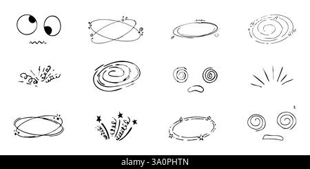 Schwindeleffekt, Kopfschmerzen, krankes Zeichnen-Doodle-Comic-Set. Schwindelgesichter, Stars über dem Kopf, Emotionen, verrückte handgezeichnete Linien-Kollektion. Vektorabbildung Stock Vektor